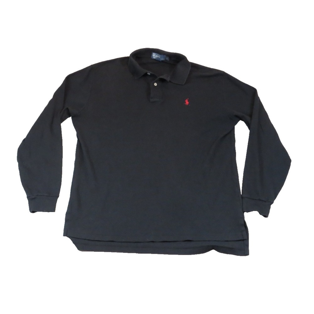 Polo Ralph Lauren Shirt Men Large L Black Long Sleeve Pique Cotton Red Pony Logo